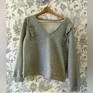 Gray V-Neck Sweater with Ruffles on Shoulders
